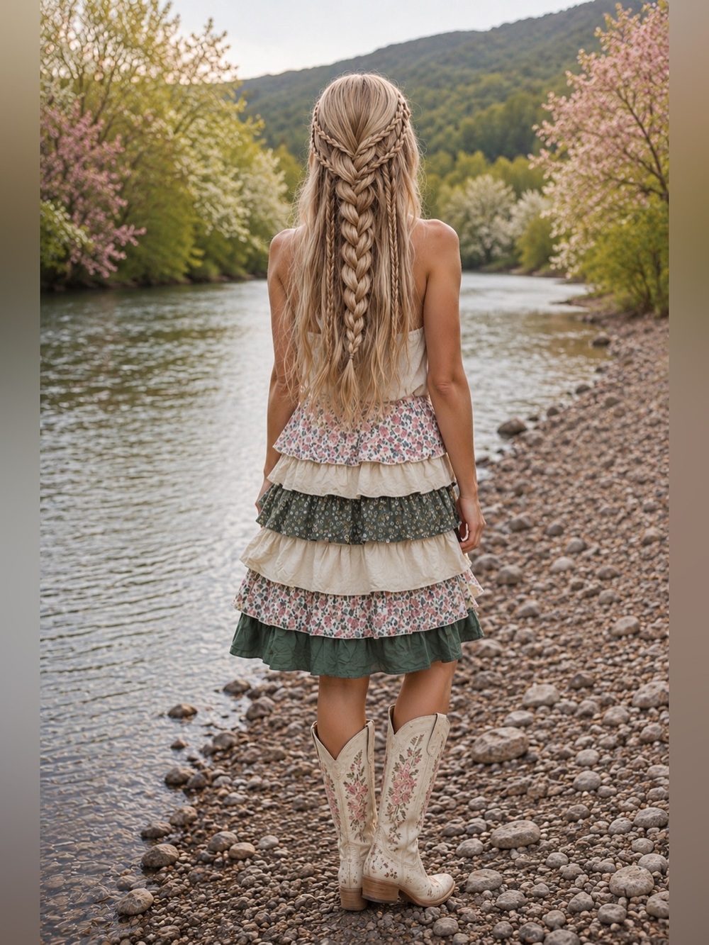 Boho Floral and Multi Color Layered Strapless Dress